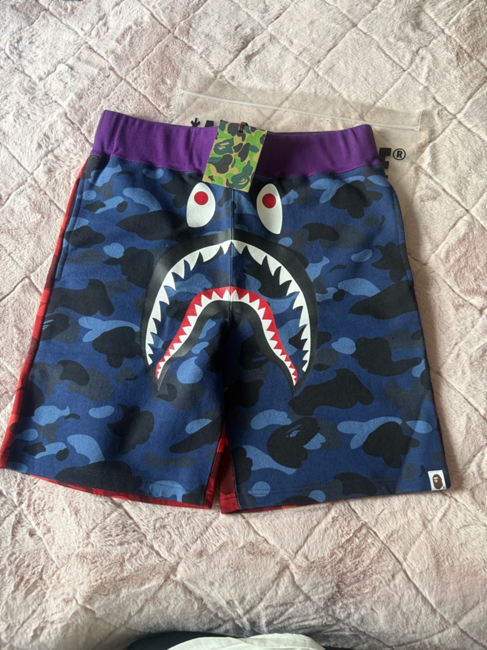 Bape Blue Camo Shark-Graphic Athletic Shorts with Purple Waistband
